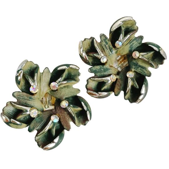 Vintage Signed BSK Mid Century Green Enamel Rhinestone Floral Clip On Earrings - Picture 1 of 12
